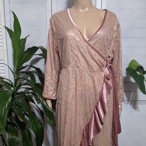 Pink Sequin Wrap Velvet Ruffle Dress 2X Plus